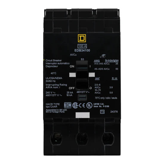 Square D EDB34100 100A 3-Pole Thermal-Magnetic – Bolt-On – 480Y/277V