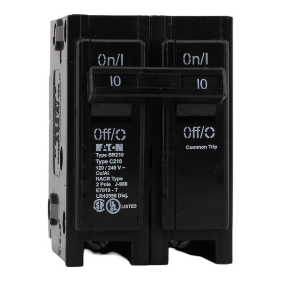 Eaton BR210 10A 2-Pole Thermal Magnetic Circuit Breaker – Plug-On – 120/240V