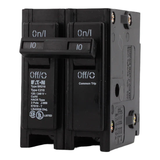 Eaton BR210 10A 2-Pole Thermal Magnetic Circuit Breaker – Plug-On – 120/240V