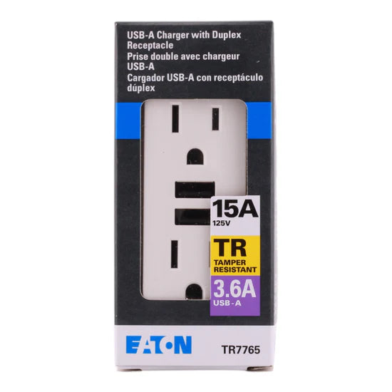 Eaton TR7765W 15A 2-Pole USB Charger Duplex Receptacle – Flush Mount – 125V – White