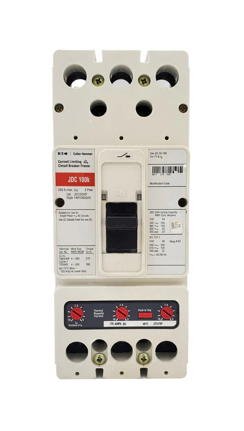 Eaton Cutler Hammer JDC3175W 175 Amp 3-Pole Molded Case Circuit Breaker – Bolt-On Mount – 600VAC