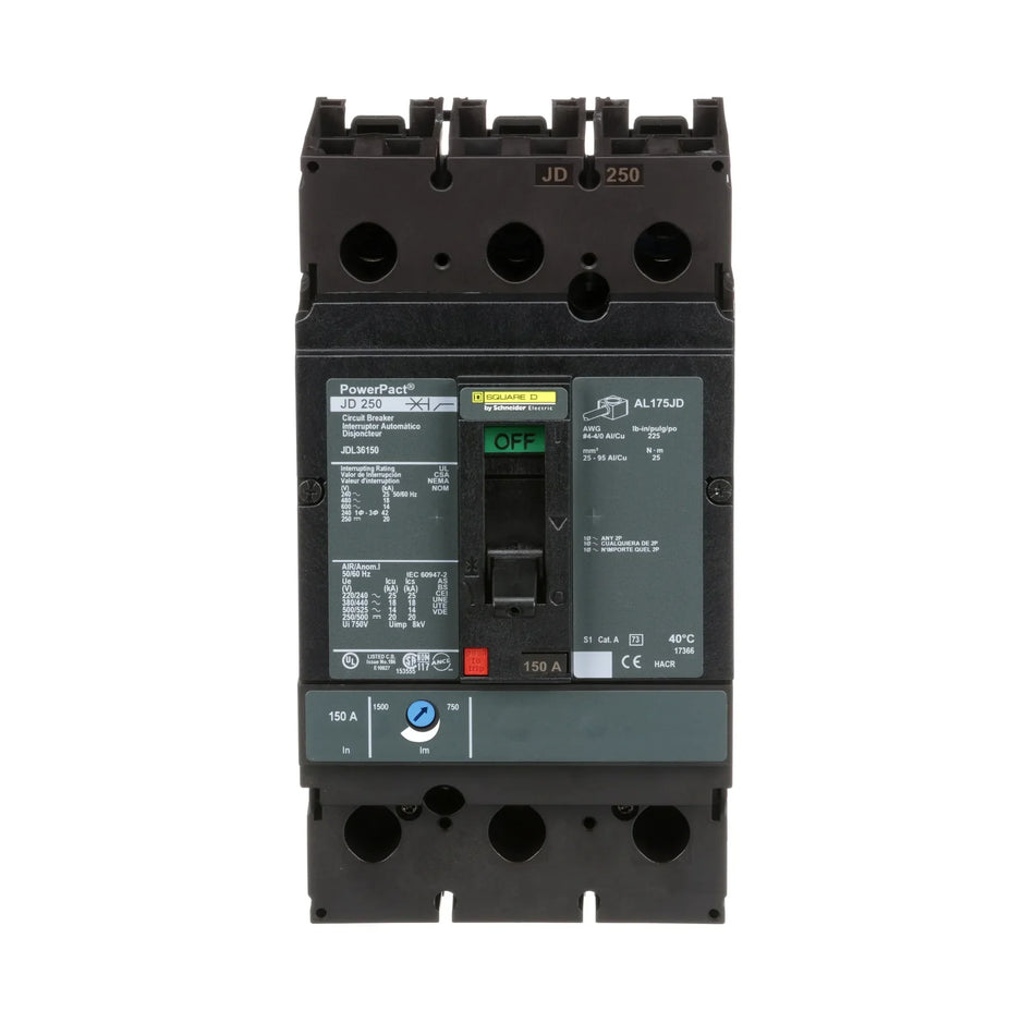 Square D JDL36150 Molded Case Circuit Breaker – 3 Pole – 150A – 600V – Feed-Thru – Thermal Magnetic – LI Protection