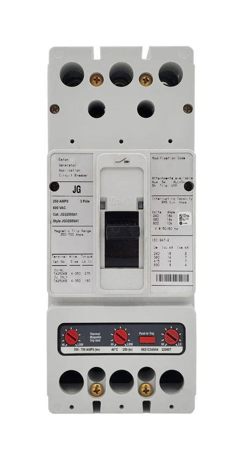 Eaton JG3250S41 250A 3P Molded Case Generator Circuit Breaker – Bolt-On – 600VAC