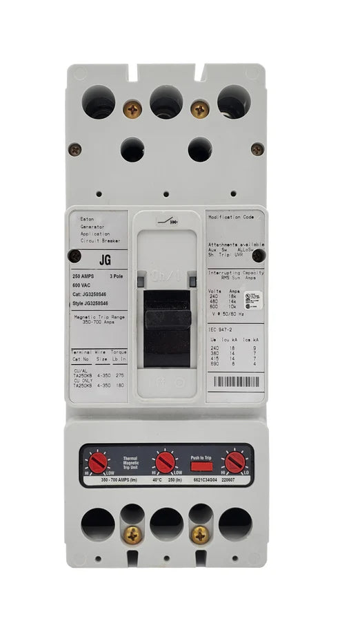 Eaton JG3250S46 250A 3P Molded Case Generator Circuit Breaker – Bolt-On – 600VAC