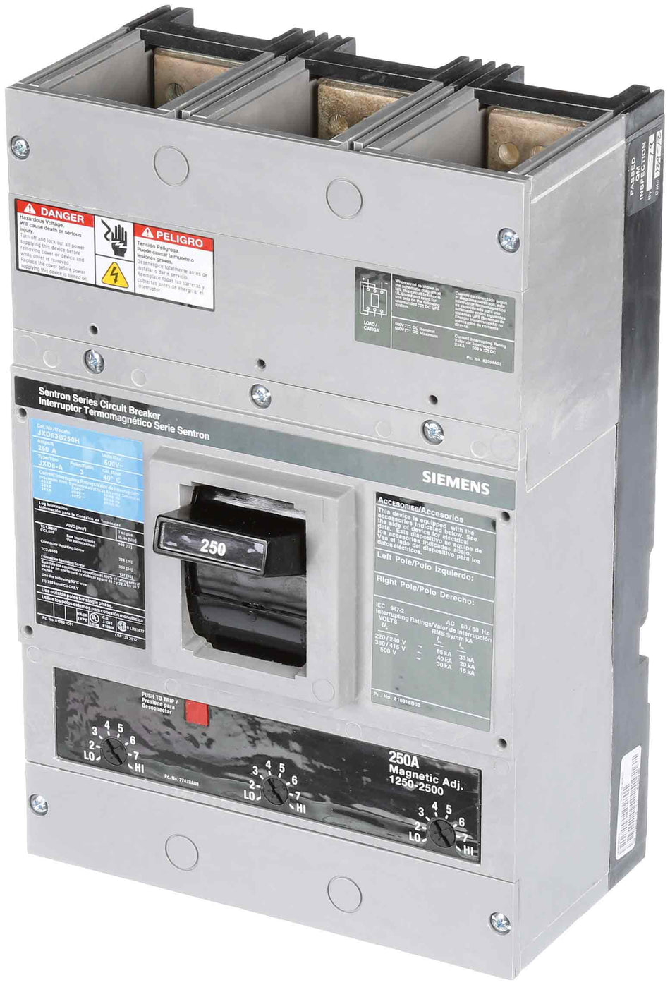 Siemens JXD63B250H Circuit Breaker – Sentron Series – 250A – 3 Pole – 600VAC – Thermal Magnetic – JD Frame – 100% Rated
