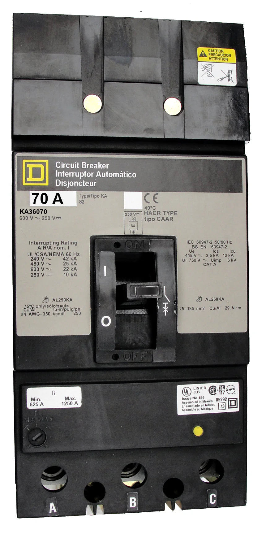 Square-D KA36070 70A 3 Pole Thermal Magnetic MCCB – Plug-In Mount – 600V AC/DC