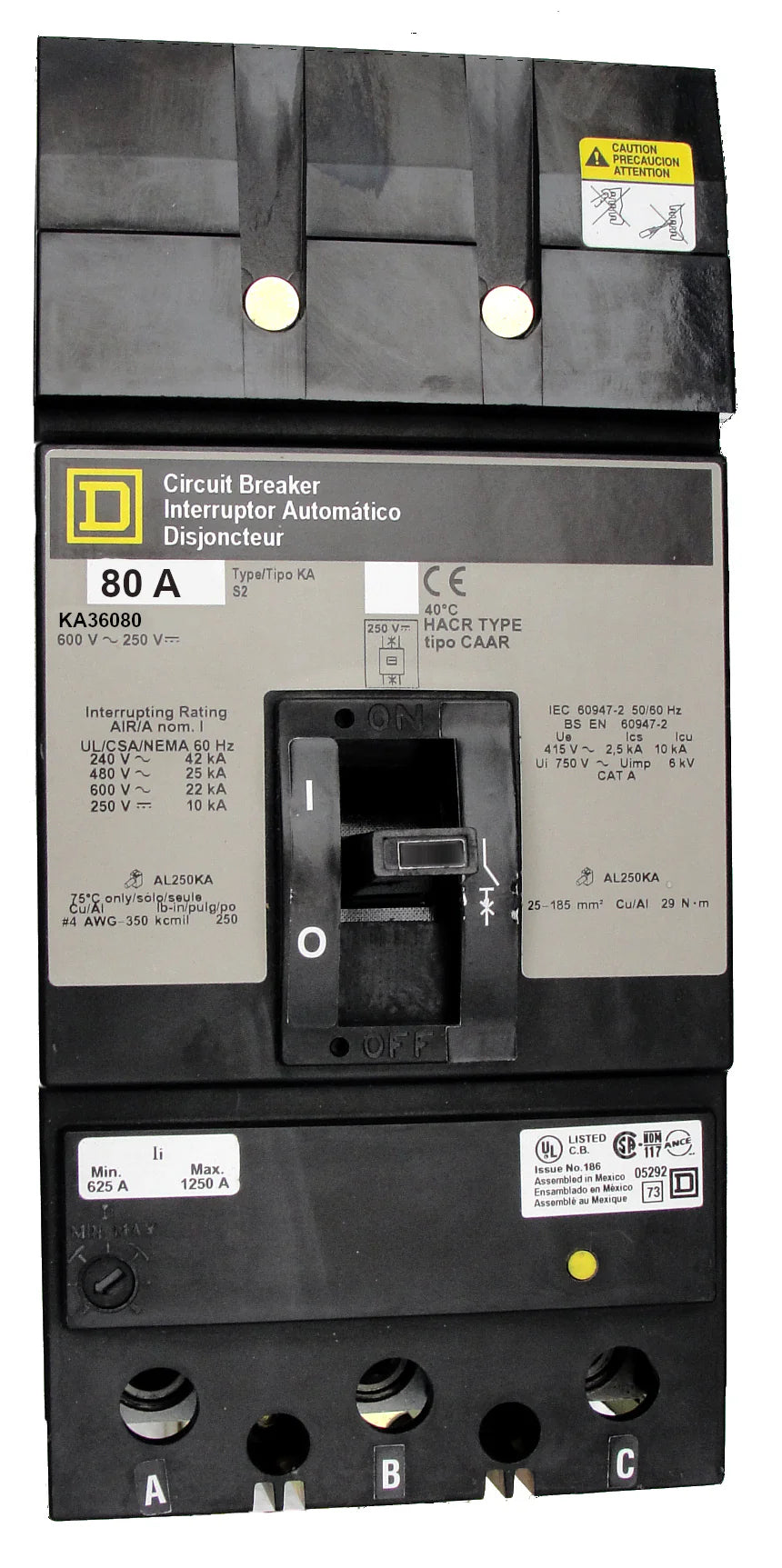 Square-D KA36080 80A 3 Pole Thermal Magnetic MCCB – Plug-In Mount – 600V AC/DC