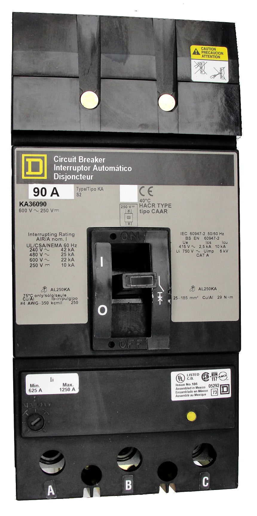 Square-D KA36090 90A 3 Pole Thermal Magnetic MCCB – Plug-In Mount – 600V AC/DC