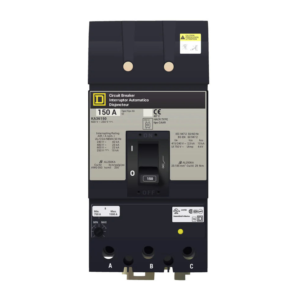 Square D KA36150 – 150A 600VAC 3-Pole I-Line Molded Case Circuit Breaker, KA Frame, Thermal Magnetic, 42kA @240V / 25kA @480V / 22kA @600V