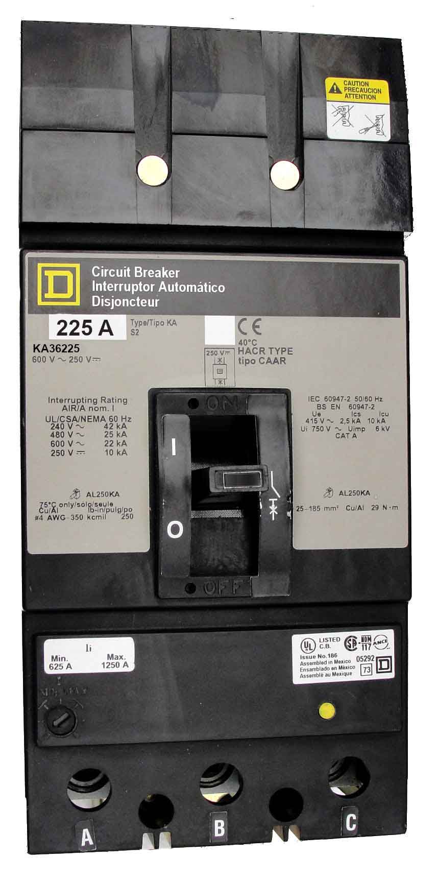 Square D KA36225 – 225A 600VAC 3-Pole I-Line Molded Case Circuit Breaker, KA Frame, Thermal Magnetic, 42kA @240V / 25kA @480V / 22kA @600V