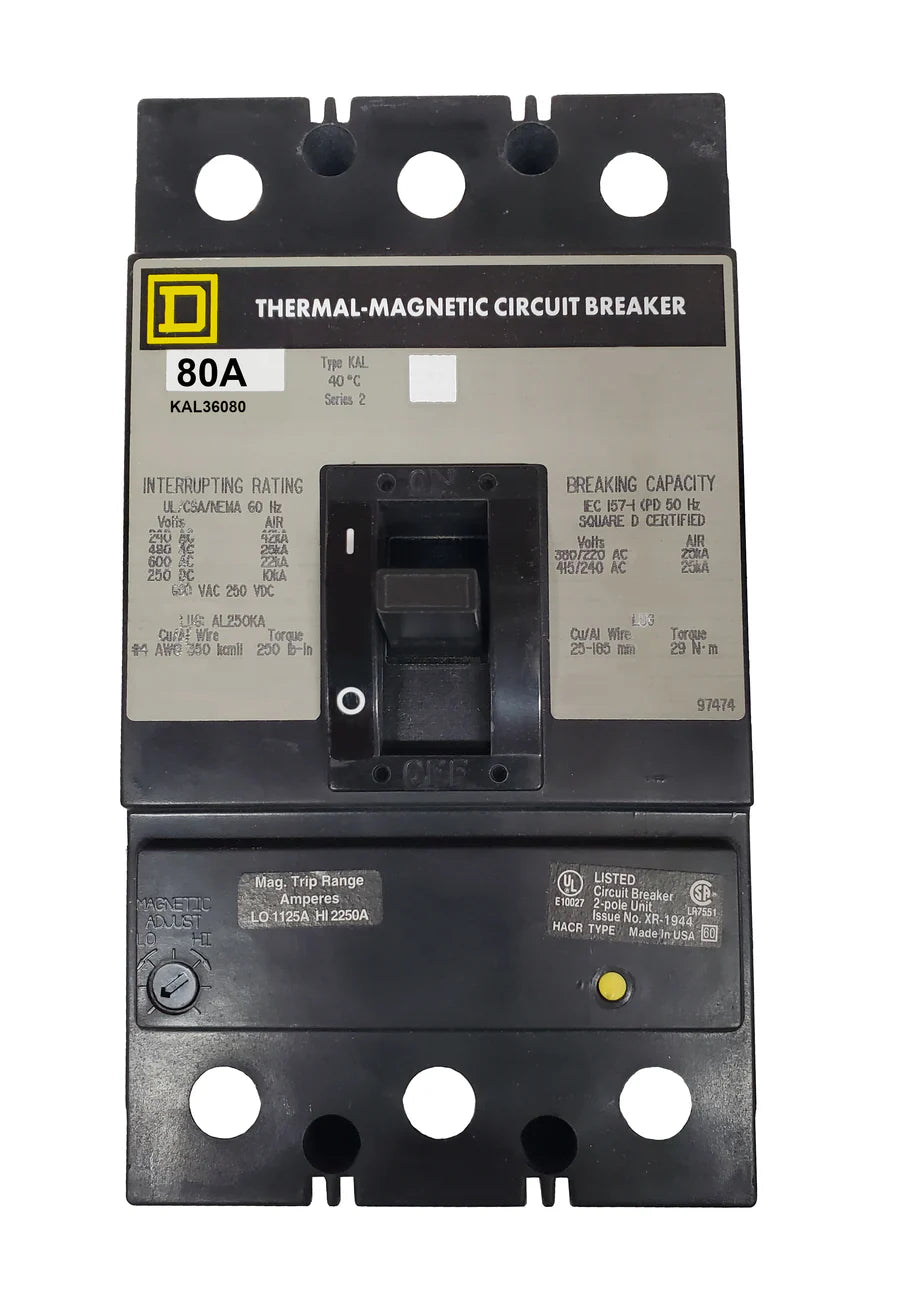 Square-D KAL36080 80A 3 Pole Thermal Magnetic MCCB – Bolt-On Mount – 600V AC/DC