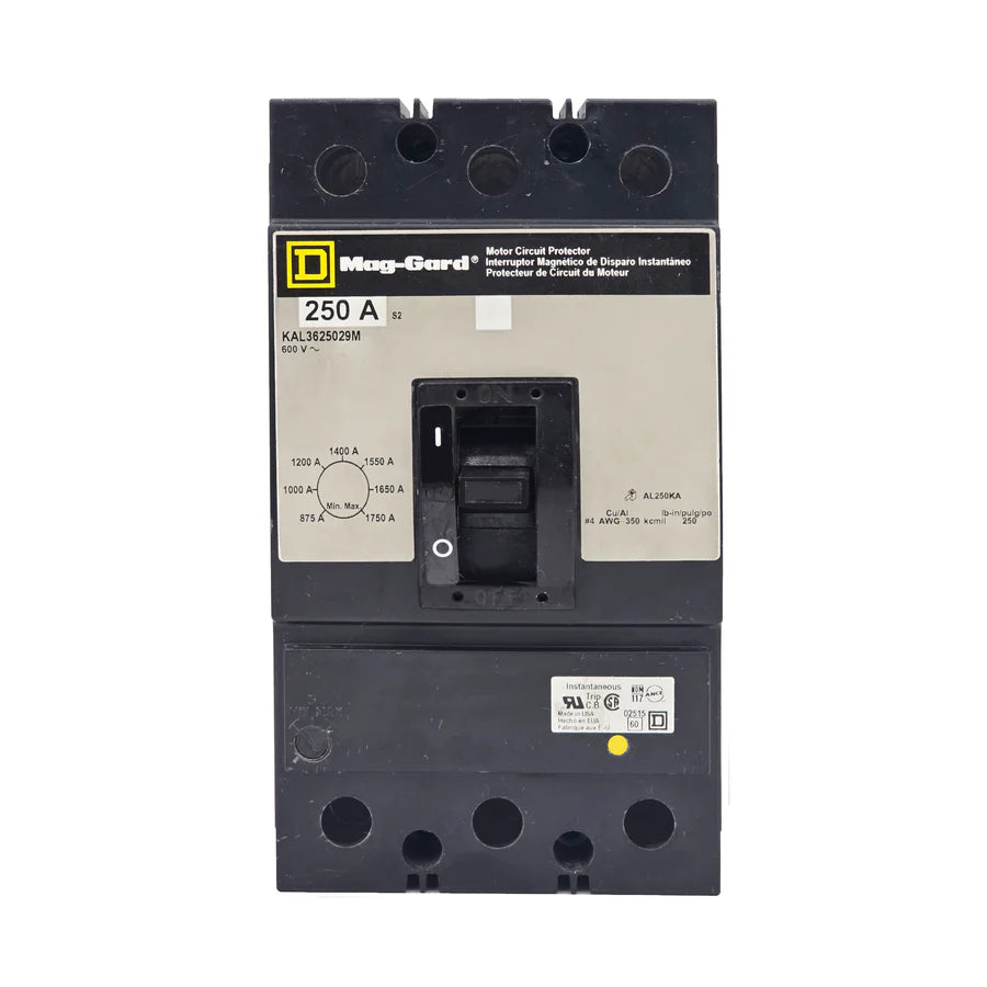 Square-D KAL3625029M 250A 3 Pole Thermal Magnetic MCCB – Bolt-On Mount – 600V AC/DC