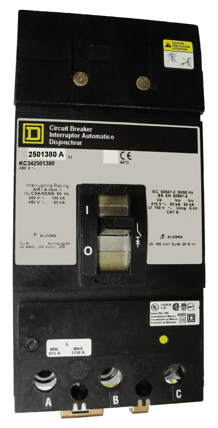 Square-D KC342501380 250A 3 Pole Thermal Magnetic MCCB – Plug-In (I-Line) Mount – 600V AC