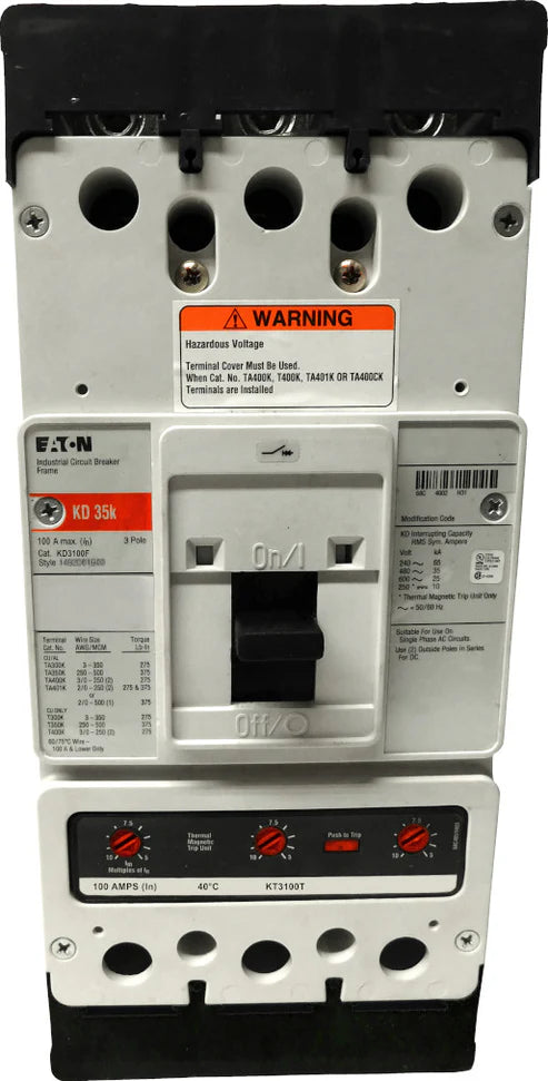 Eaton Cutler Hammer KD3100 100A 3-Pole Molded Case Circuit Breaker – Bolt-On Mount – 600VAC