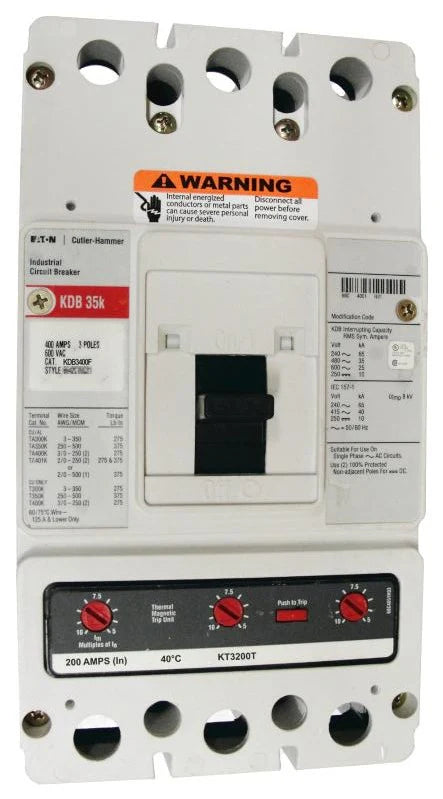 Eaton Cutler-Hammer KDB3200 200A 3-Pole Molded Case Circuit Breaker – Bolt-On Mount – 600VAC
