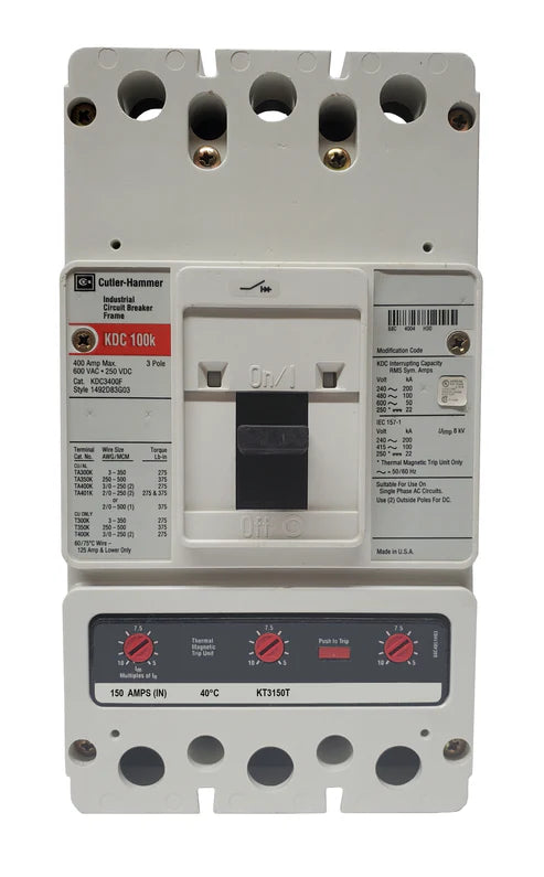Eaton Cutler Hammer KDC3150 150A 3-Pole Molded Case Circuit Breaker – Bolt-On Mount – 600VAC
