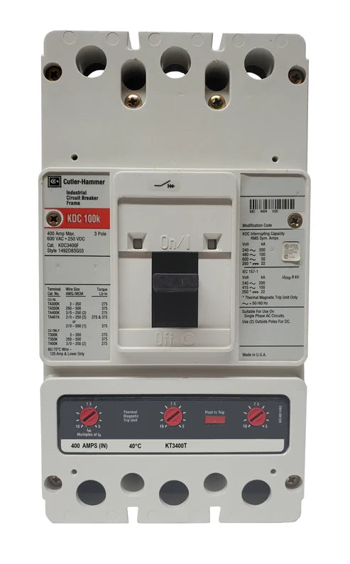 Eaton Cutler-Hammer KDC3400 400A 3-Pole Molded Case Circuit Breaker – Bolt-On Mount – 600VAC