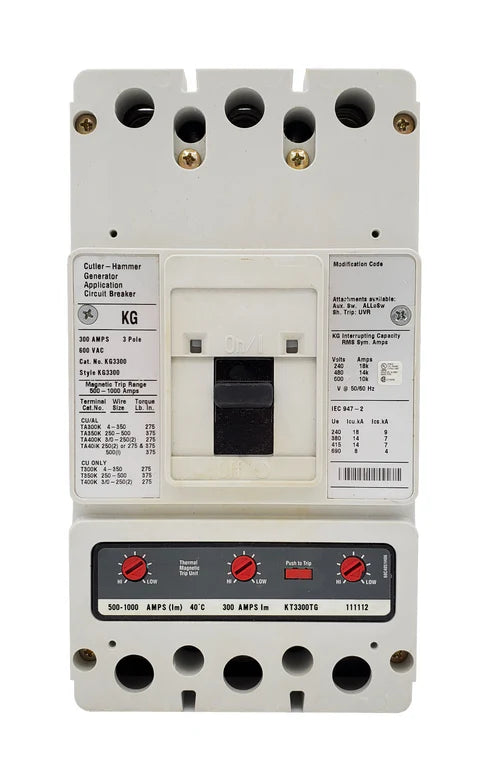 Eaton Cutler Hammer KG3300 300A 3-Pole Generator Molded Case Circuit Breaker – Bolt-On Mount – 600VAC