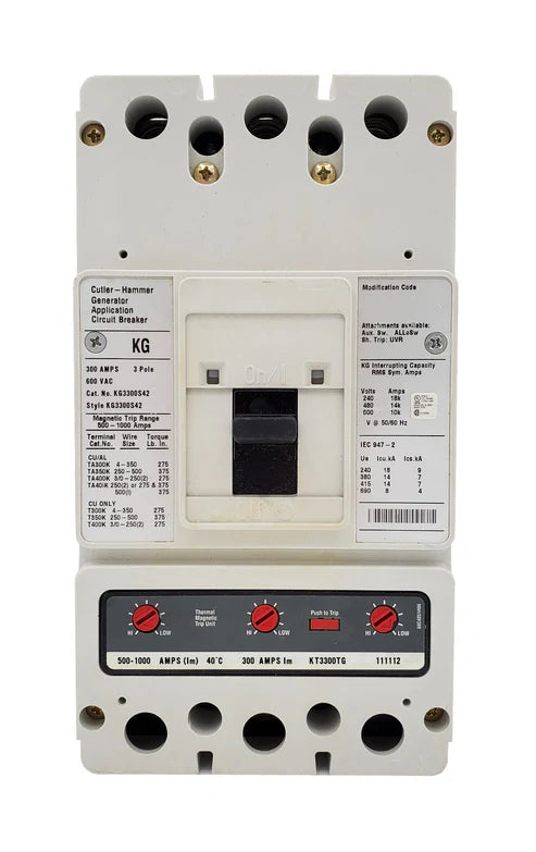 Eaton Cutler-Hammer KG3300S42 300A 3-Pole Generator Molded Case Circuit Breaker – Bolt-On Mount – 600VAC