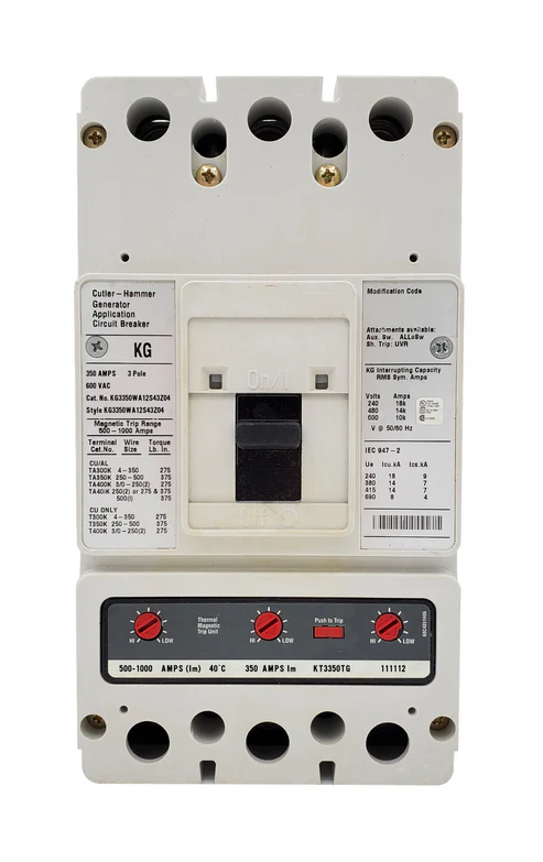 Eaton Cutler-Hammer KG3350WA12S43Z04 350A 3-Pole Generator Molded Case Circuit Breaker – Bolt-On – 600VAC with A12 Auxiliary & S43 Shunt Trip