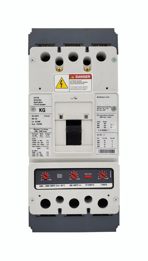 Eaton Cutler-Hammer KG3400 400A 3-Pole Generator Molded Case Circuit Breaker – Bolt-On – 600VAC – Thermal-Magnetic Interchangeable Trip (1000–2000A Range)