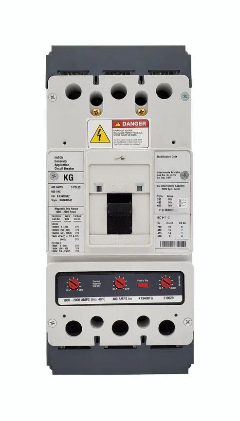 Eaton Cutler Hammer KG3400S42 400A 3-Pole Generator Molded Case Circuit Breaker – Bolt-On – 600VAC – Thermal-Magnetic Interchangeable Trip (1000–2000A Range) with S42 Shunt Trip Option