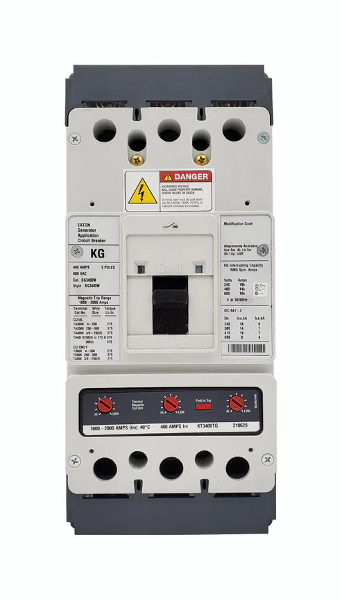 Eaton Cutler-Hammer KG3400W 400A 3-Pole Generator Molded Case Circuit Breaker – Bolt-On – 600VAC – Thermal-Magnetic Interchangeable Trip