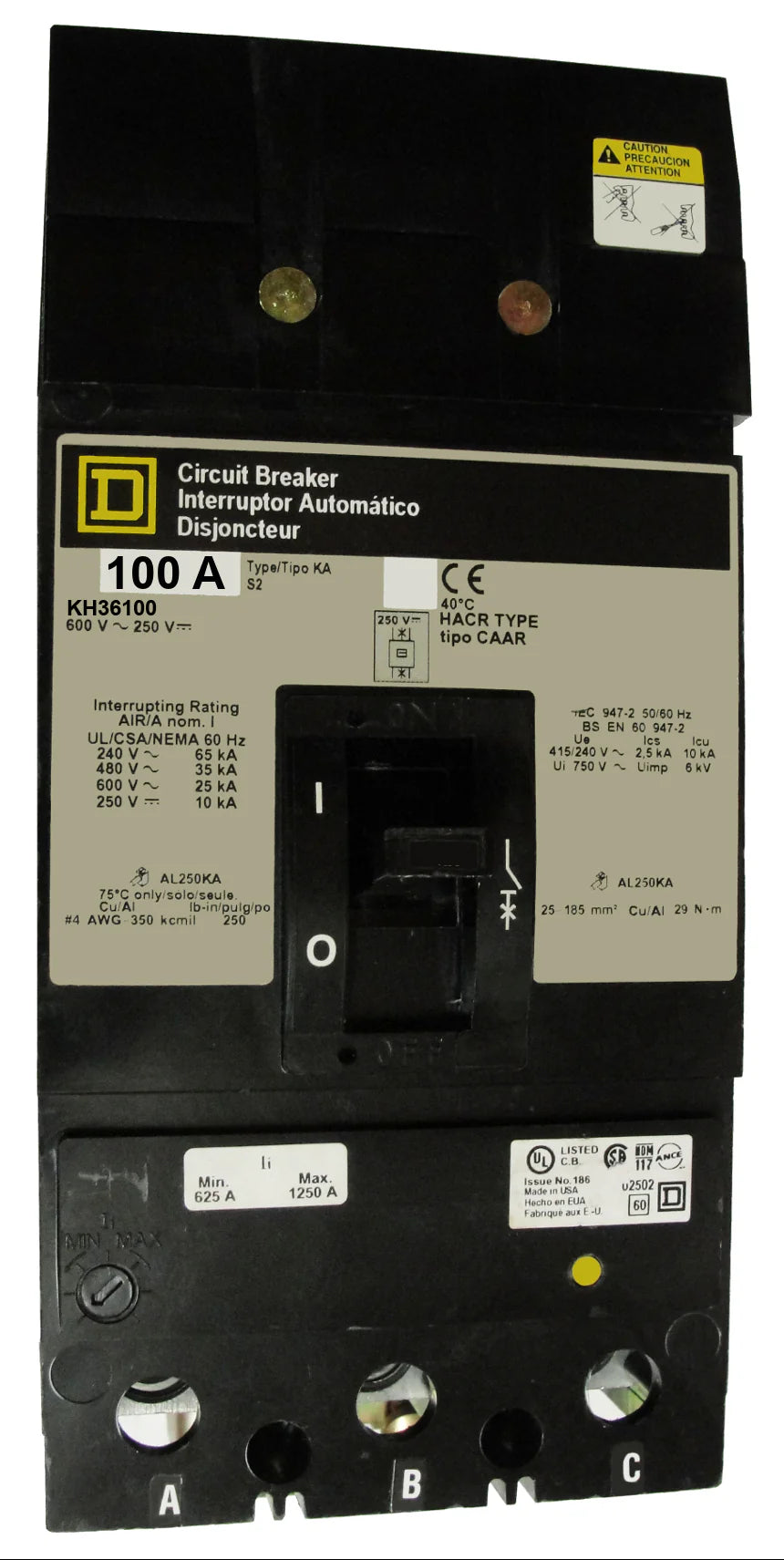 Square D KH36100 100A 3 Pole Molded Case Circuit Breaker – Plug In – 600VAC