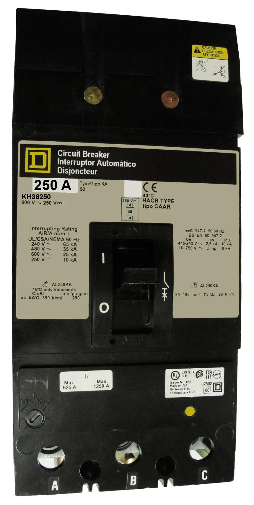 Square D KH36250 250A 3 Pole Molded Case Circuit Breaker – Plug In – 600VAC