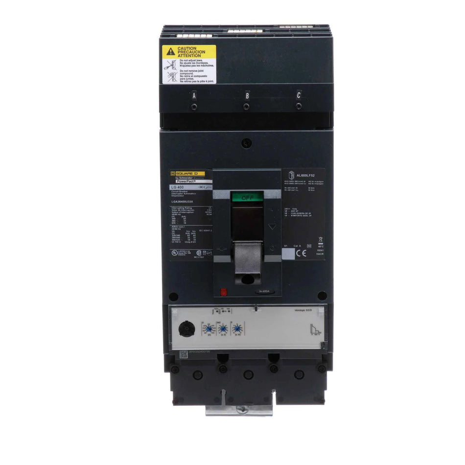 Square D LGA36400U33X PowerPact MCCB – 3 Pole – 400A – I-Line Plug-In – Electronic Trip Unit (MicroLogic 3.3S LSI) – Molded Case Circuit Breaker
