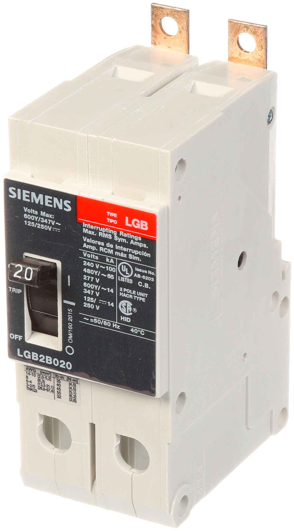 Siemens LGB2B020B Circuit Breaker – VL Series – 20A – 2 Pole – 600VAC – Thermal Magnetic – Bolt-On – Panelboard Mount