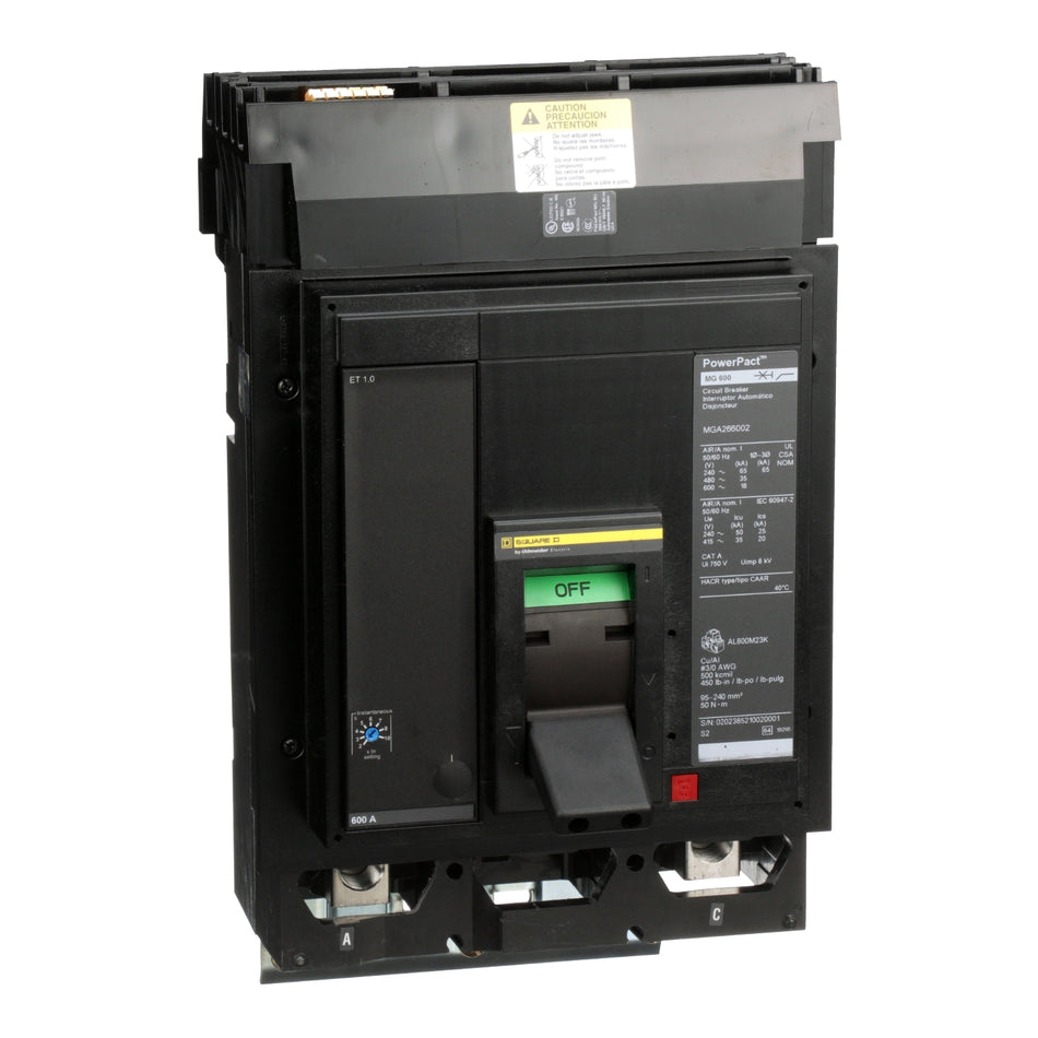 Square D MGA266002 PowerPact M-Frame MCCB – 2 Pole – 600A – I-Line Mount – Electronic Trip Unit (ET 1.0 LI) – Molded Case Circuit Breaker