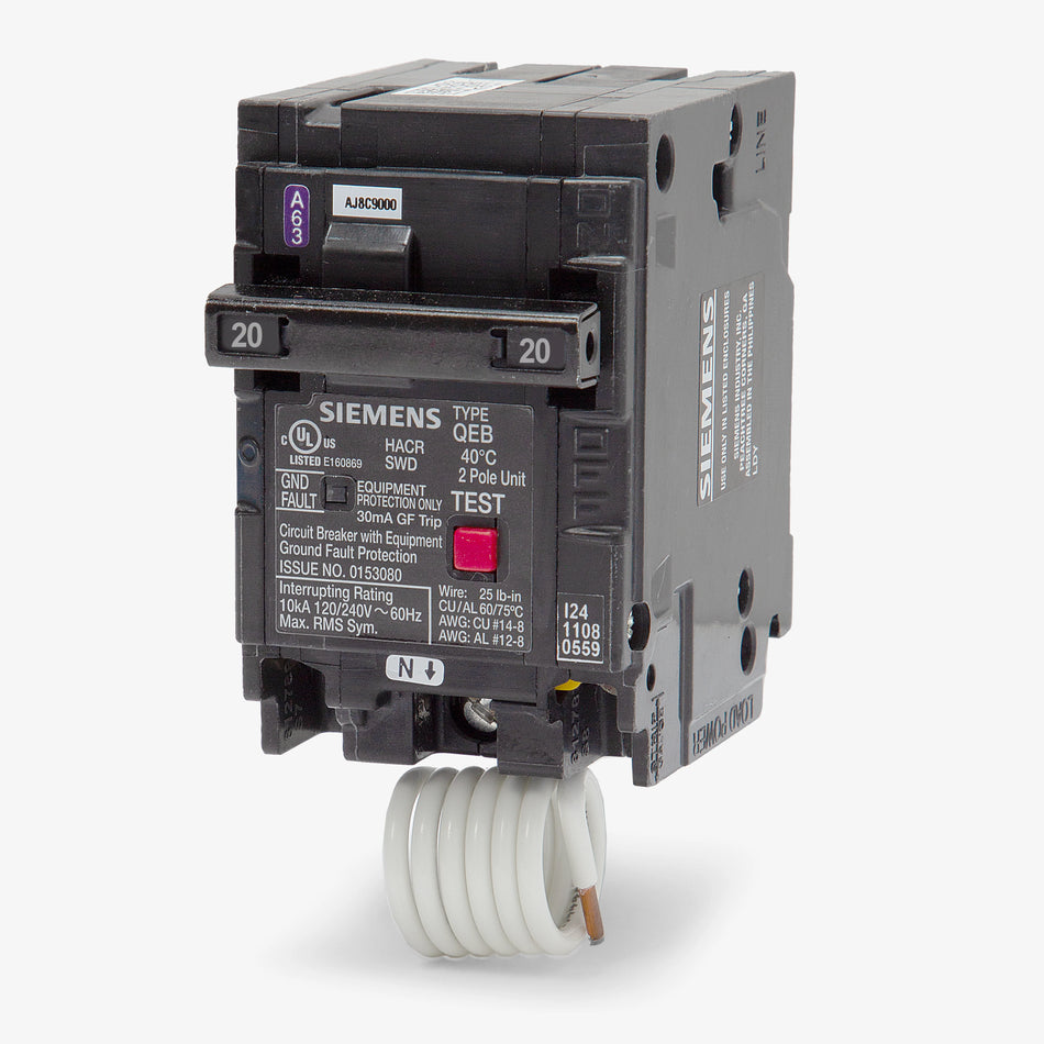 Siemens Q220EG Circuit Breaker – QEB Series – 20A – 2 Pole – 120/240VAC – Plug-On – GFEP (30mA) – Thermal Magnetic