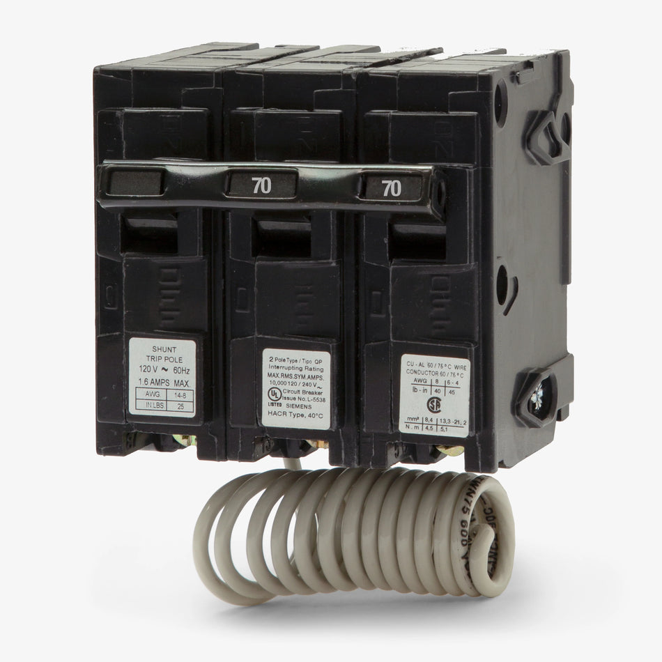 Siemens Q27000S01 Circuit Breaker – QP Series – 70A – 2 Pole – 120/240VAC – Plug-On – Thermal Magnetic – 120VAC Shunt Trip