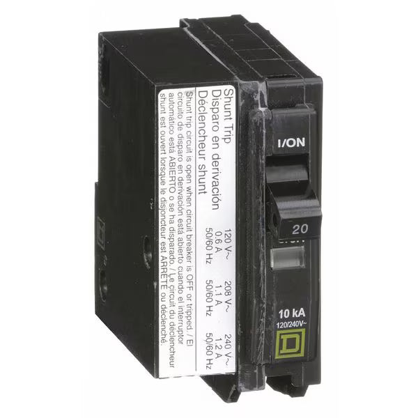 Square D QO1201021 20A 1 Pole 120/240V Plug-In Thermal Magnetic Circuit Breaker w/ 120V Shunt Trip 10kAIC @120/240V