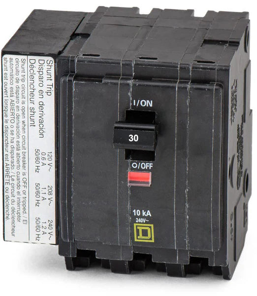 Square D QO3301021 30A 3 Pole 120/240V Plug-In Thermal Magnetic Circuit Breaker w/ 120V Shunt Trip 10kAIC @240V