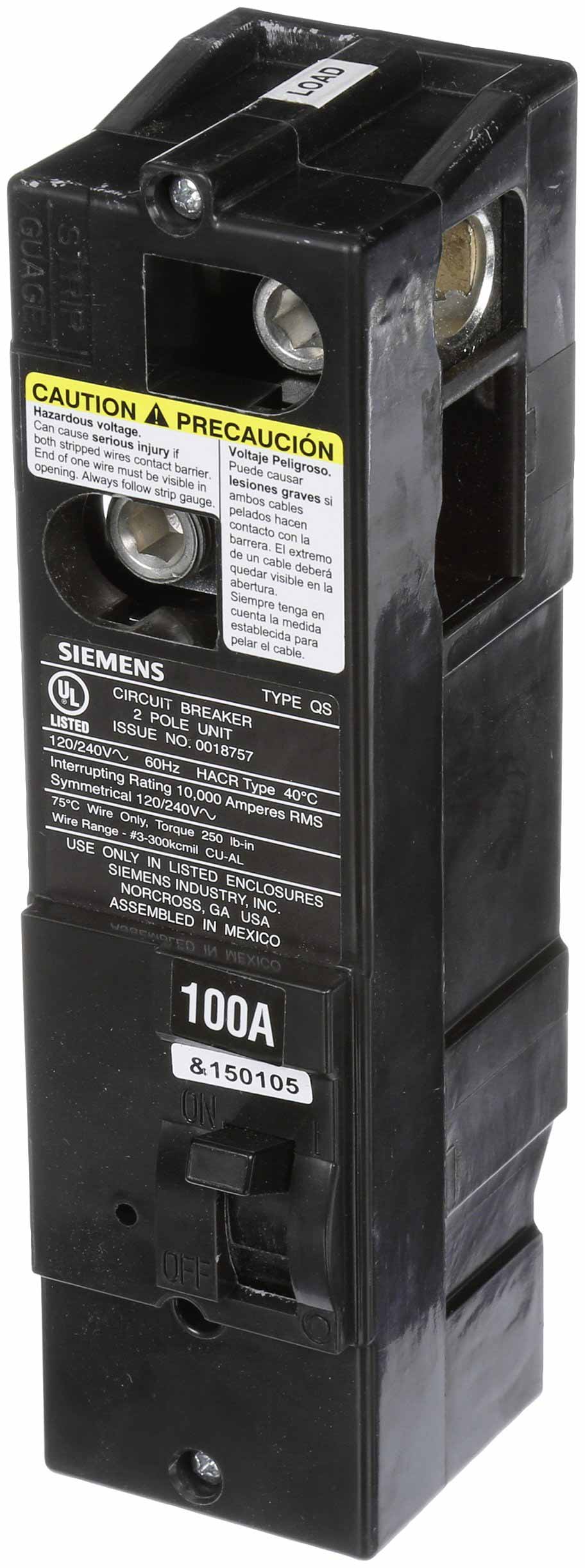 Siemens QS2100 Circuit Breaker – Power Mod Series – 100A – 1 Pole – 240VAC – Plug-In – Thermal Magnetic – 10kAIC