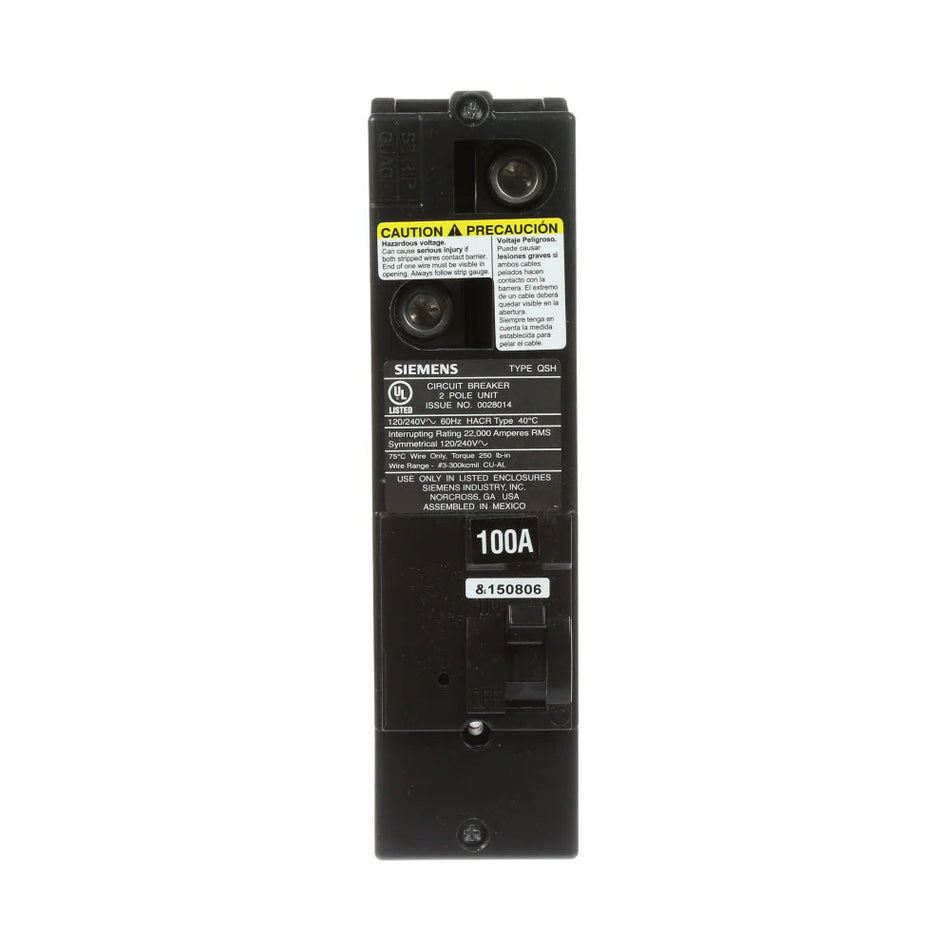 Siemens QSH2100 Circuit Breaker – QS Series – 100A – 2 Pole – 120/240VAC – Plug-In – Thermal Magnetic – 22kAIC