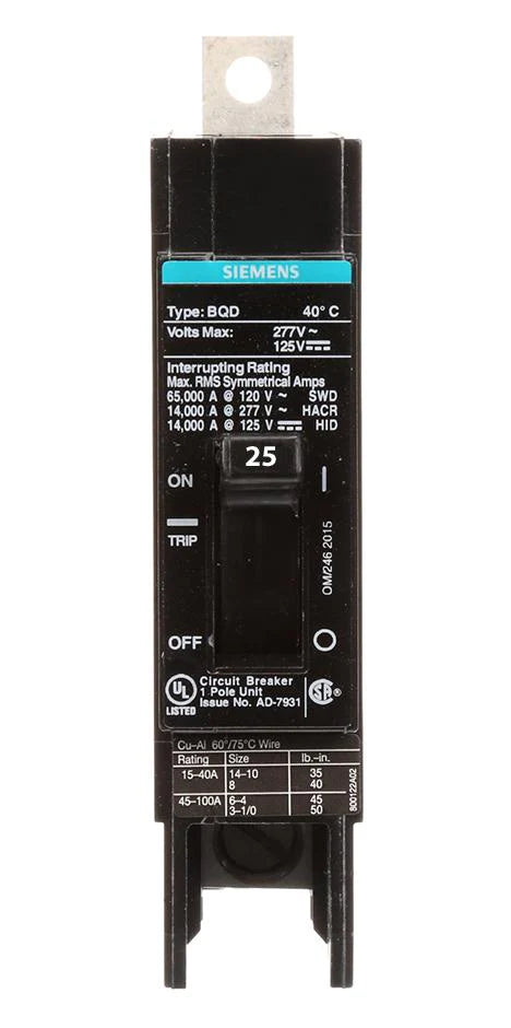 Siemens BQD125 Molded Case Circuit Breaker – BQD Series – 25A – 1 Pole – 277V – Bolt-On – 65kAIC