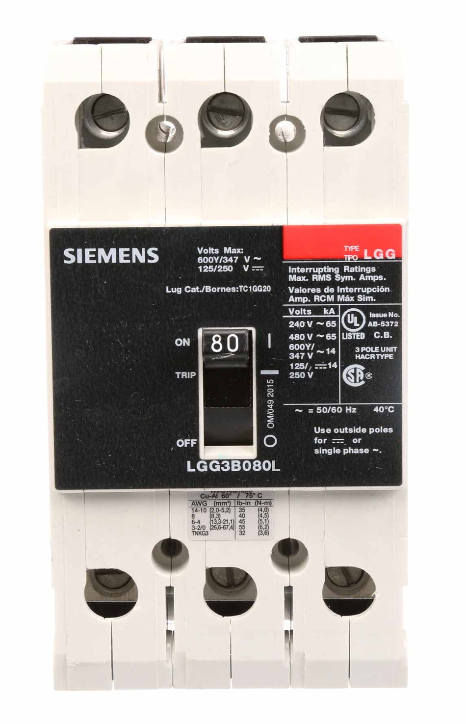 LGG3B080L - Siemens Feed-Thru 600V 80A 3 pole circuit breaker 65kA@480V