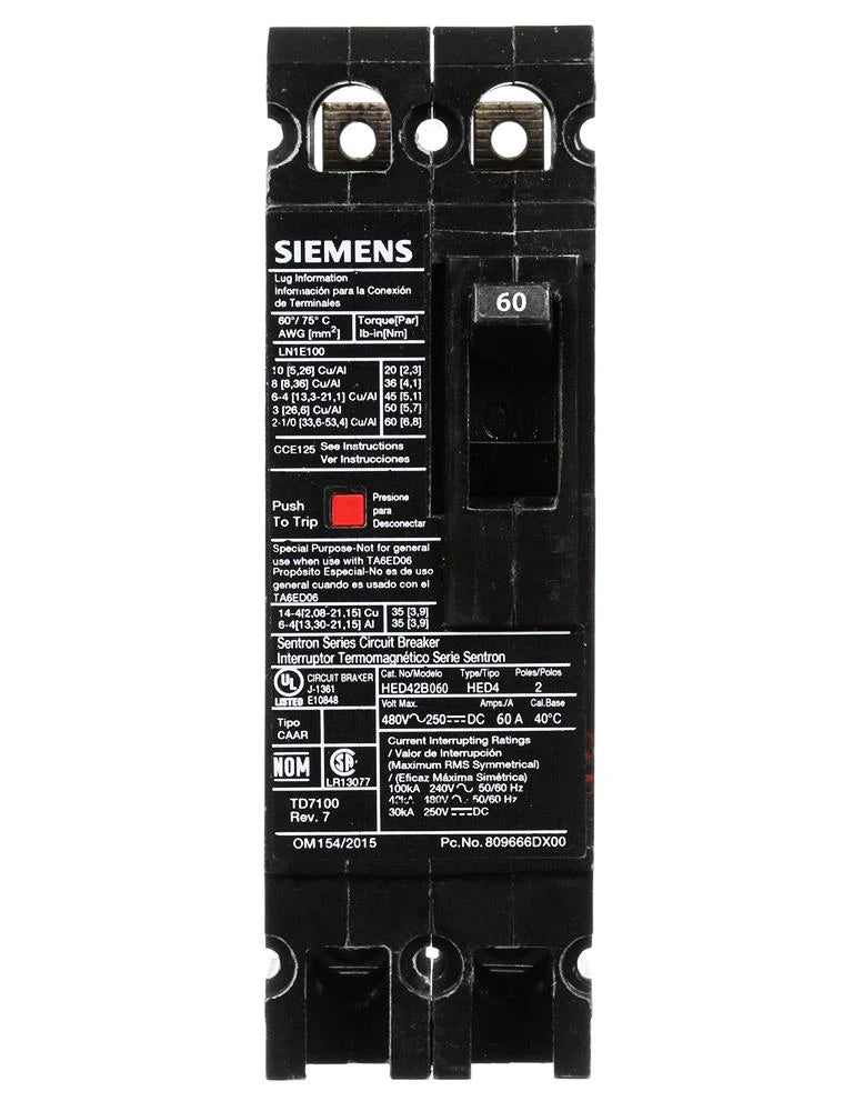 HED42B060 - Siemens Lug In Panelboard 480V 60A 2 pole circuit breaker 42kA@480V