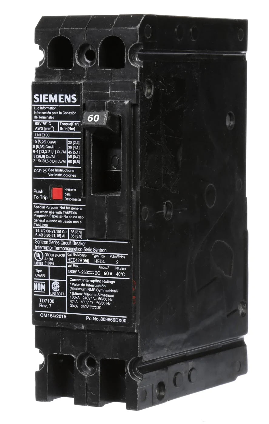 HED42B060 - Siemens Lug In Panelboard 480V 60A 2 pole circuit breaker 42kA@480V