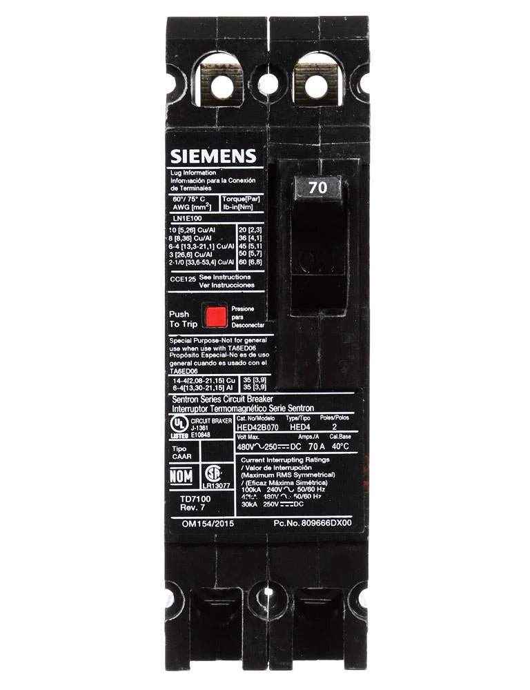 HED42B070 - Siemens Lug In Panelboard 480V 70A 2 pole circuit breaker 42kA@480V