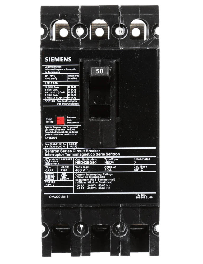 Siemens HED43B060L 60A 3-Pole 480V Sentron ED Frame Molded Case Circuit Breaker Thermal Magnetic 42kA@480V