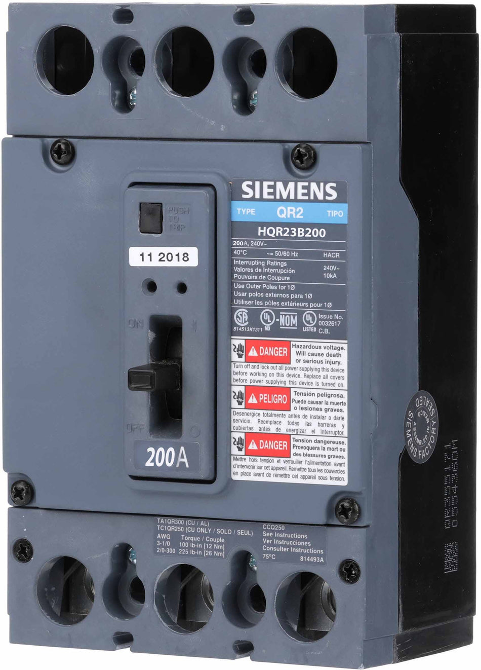 Siemens HQR23B200 Circuit Breaker – QR Series – 200A – 3 Pole – 240VAC – Thermal Magnetic – Bolt-On