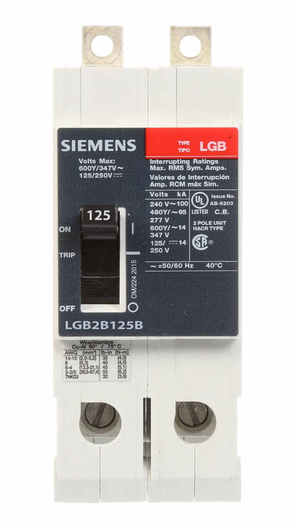 Siemens LGB2B125B Circuit Breaker – VL Series – 125A – 2 Pole – 600VAC – Thermal Magnetic – Bolt-On – Panelboard Mount