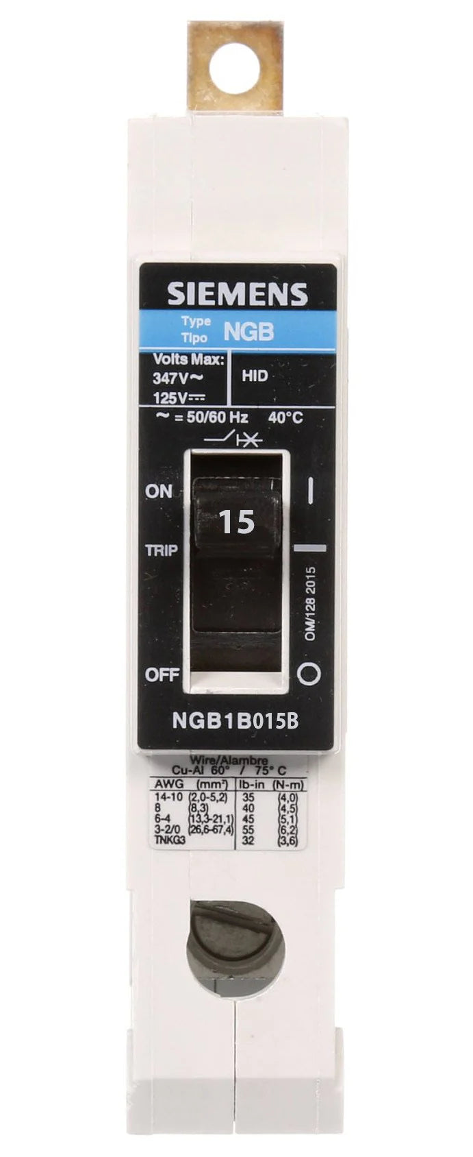 Siemens NGB1B015B Circuit Breaker – VL Series – NGB Frame – 15A – 1 Pole – 347VAC – Bolt-On – Thermal Magnetic
