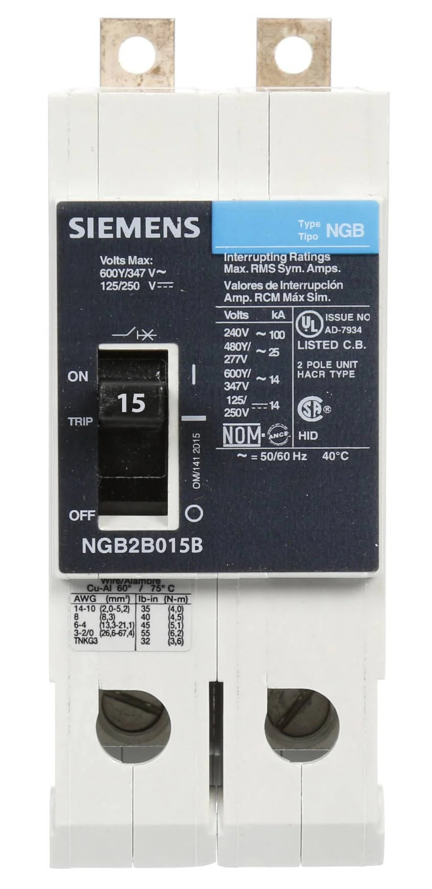 Siemens NGB2B015B Circuit Breaker – VL Series – NGB Frame – 15A – 2 Pole – 600VAC – Bolt-On – Thermal Magnetic