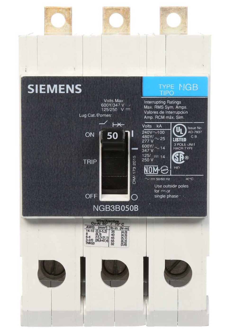 Siemens NGB3B050B Circuit Breaker – VL Series – NGB Frame – 50A – 3 Pole – 600VAC – Bolt-On – Thermal Magnetic