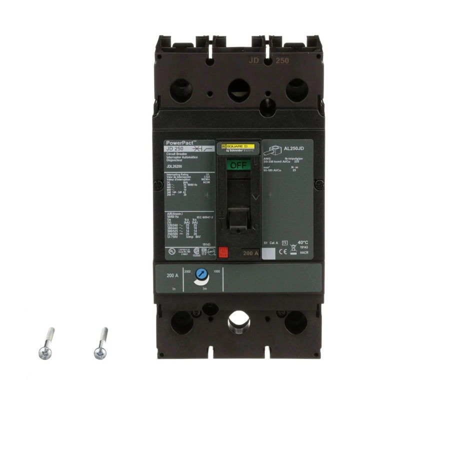 Square D JDL26200 Molded Case Circuit Breaker – 2 Pole – 200A – 600V – Feed-Thru – Thermal Magnetic – LI Protection